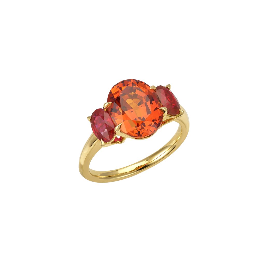 Geelgouden ring met granaat, spessartiet en robijn.Bij Muriel Beigbeder - Parijs